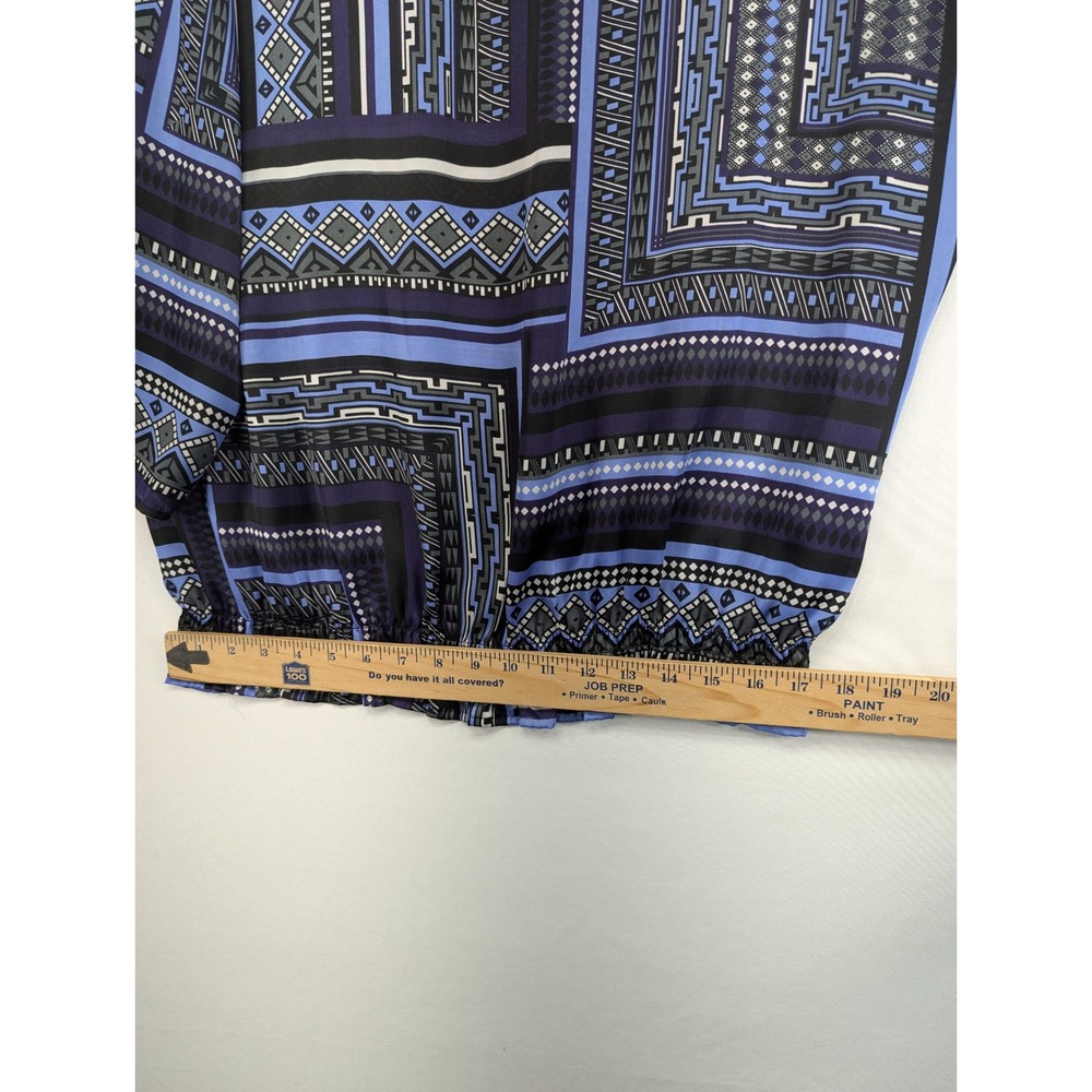 Chicos Blue Purple Geometric Tribal Print Split Neck Bubble Blouse 3/4 Sleeve - Picture 6 of 9